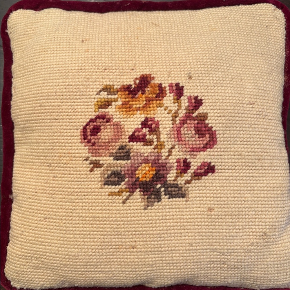 Vintage Floral Needlepoint Throw Pillow 12x12